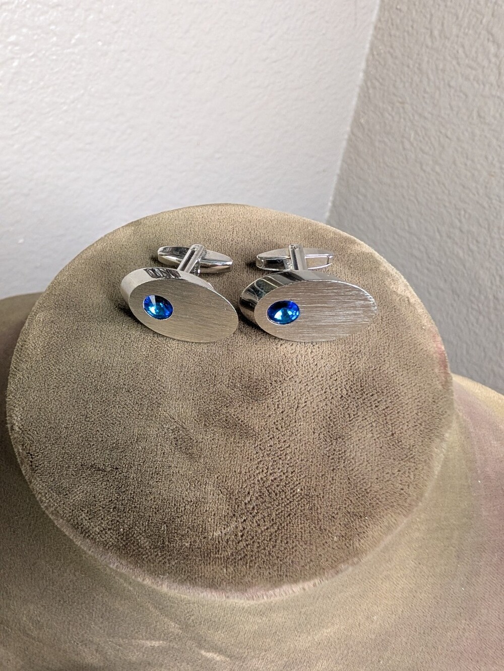Vintage Brushed Silver Oval Cufflinks with Blue Crystal Accent By Sarah Coventry